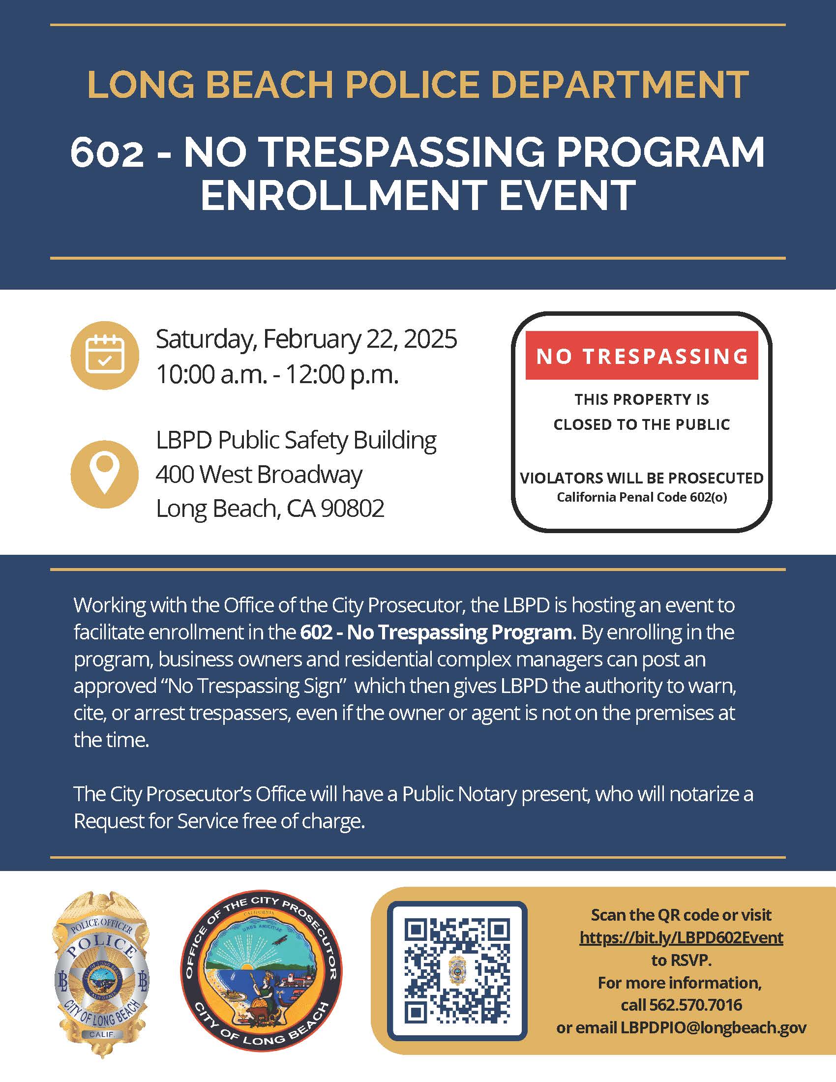 You are currently viewing February 22, 2025 Office of the City Prosecutor and the Long Beach Police Department hosting 602-No Trespassing Program Event